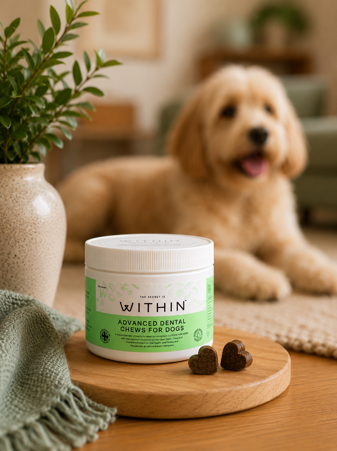 WITHIN Advanced Dental supplement with heart-shaped chews and a Golden Doodle in a home lifestyle image.
