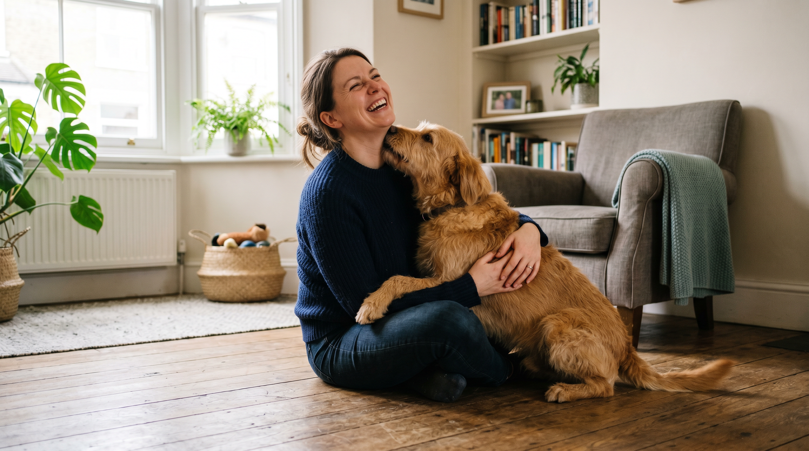 Dog owner sharing an affectionate moment with their dog at home in a lifestyle image for WITHIN.